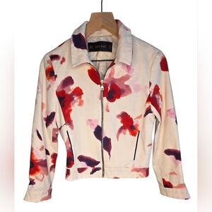Zara Women's White Floral Zip-Front Jacket - Medium